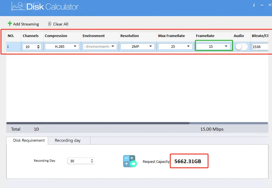 Example Calculation - Dahua Disk Calculator